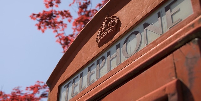 BT Phone Box image against blue sky and a red tree